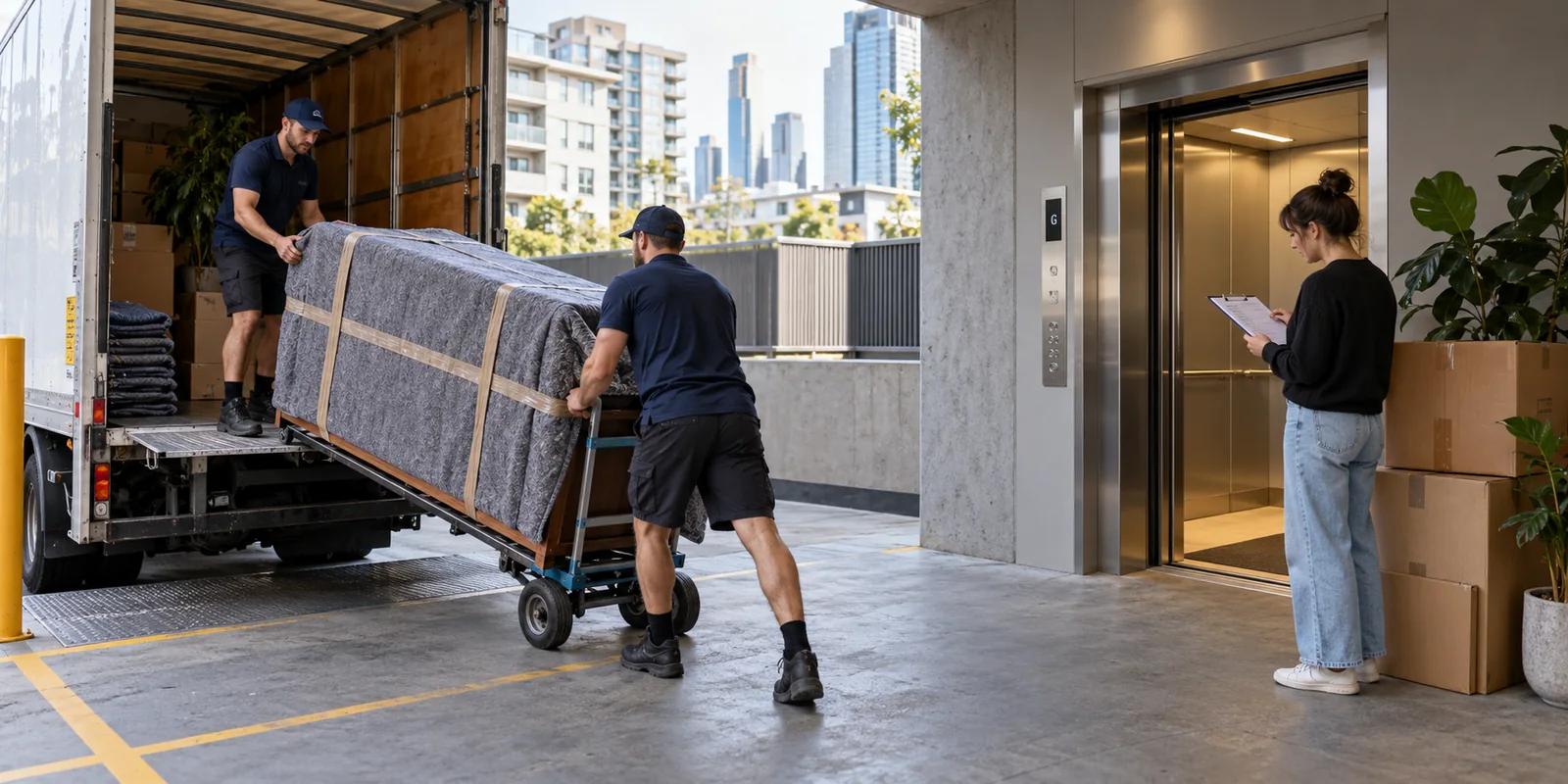 Illustrative Melbourne apartment delivery with crew using a trolley and resident checking a carton list