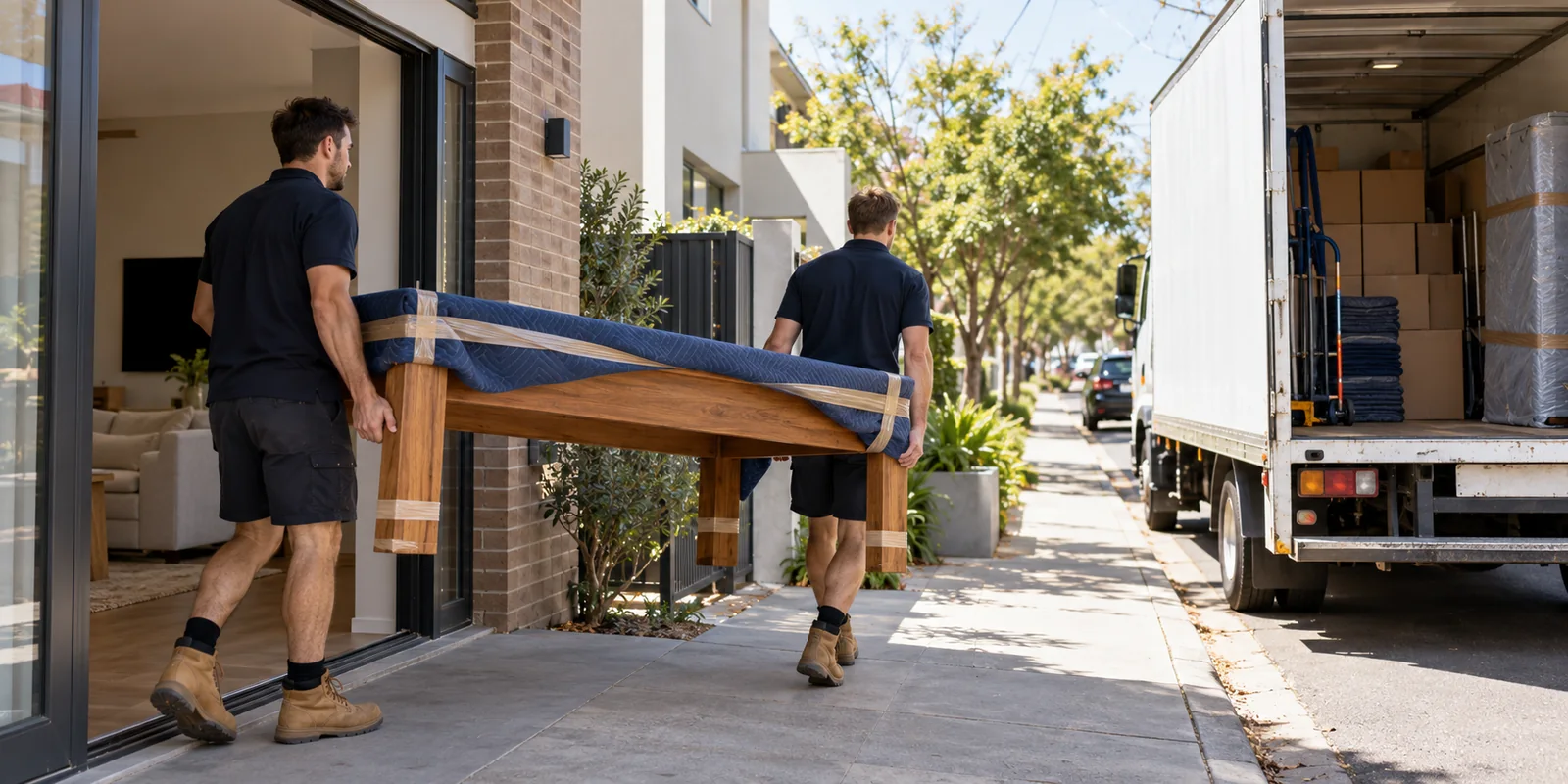 Illustrative Adelaide removal crew carrying protected dining furniture towards a moving truck
