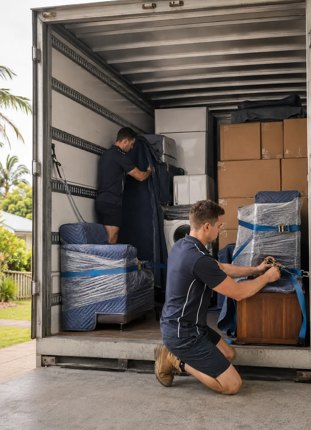Backloading to Cairns with wrapped furniture cartons and household goods prepared for shared-load interstate transport