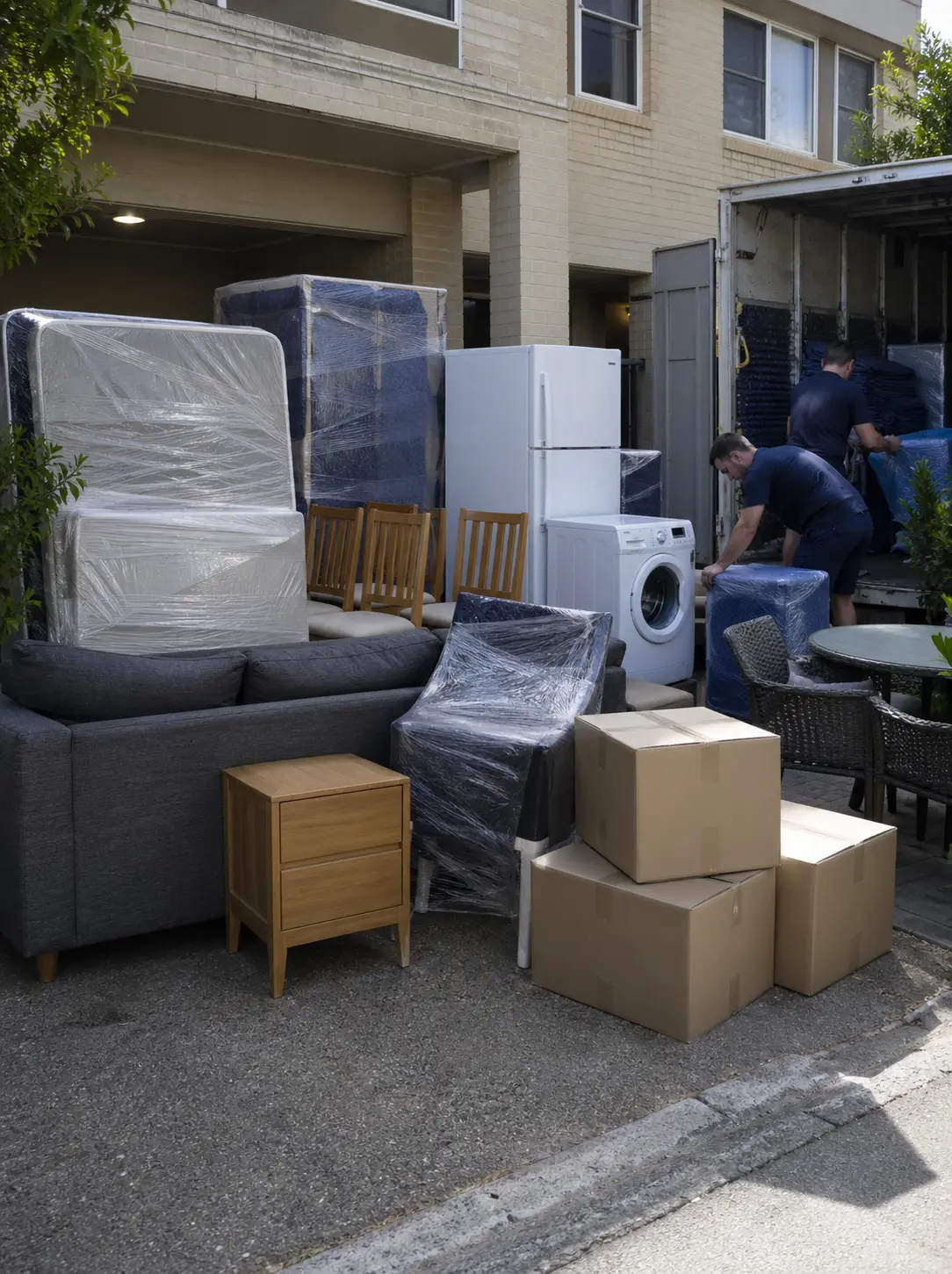 Wrapped lounges cartons and household furniture prepared for a backload to Darwin