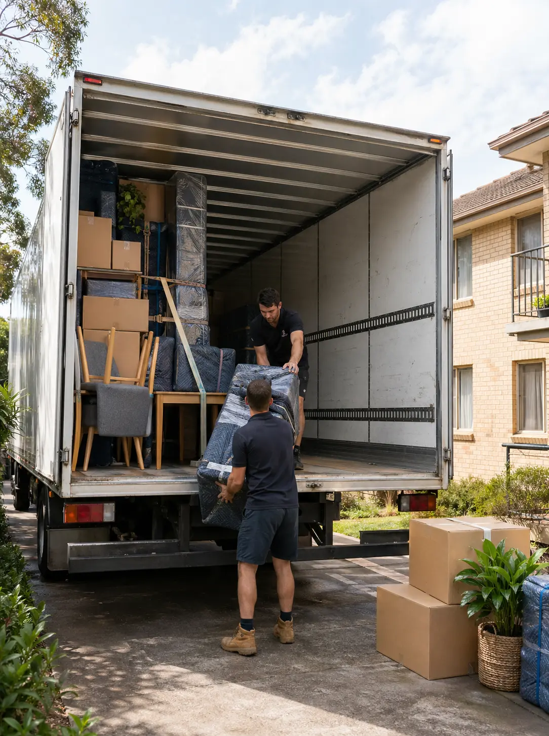 Shared truck space and wrapped household furniture prepared for backloading to Darwin