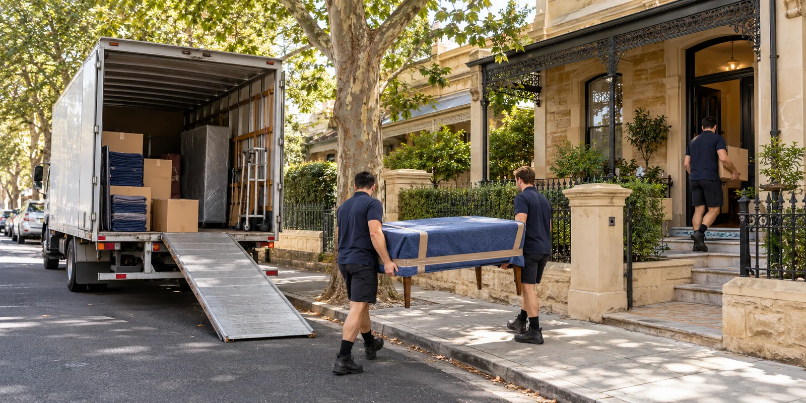 Illustrative furniture, cartons and a lift measurement during apartment delivery planning