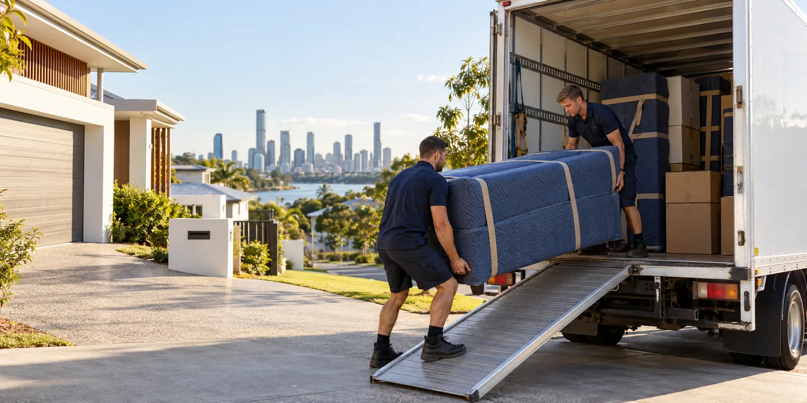 Illustrative crew loading blanket-wrapped household furniture into a removal truck in Brisbane