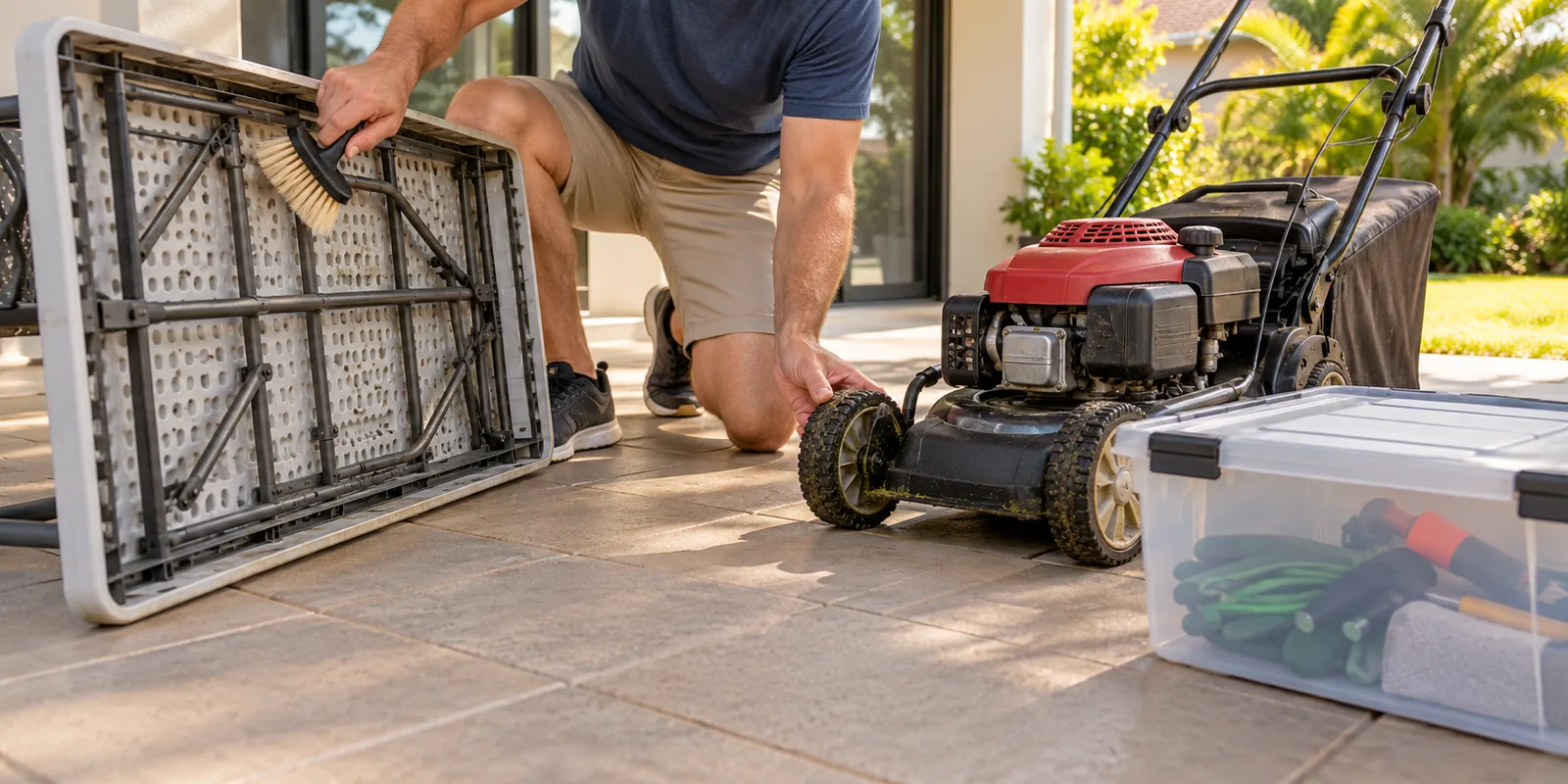 Person checking and cleaning a folding outdoor table and mower wheels before an interstate move