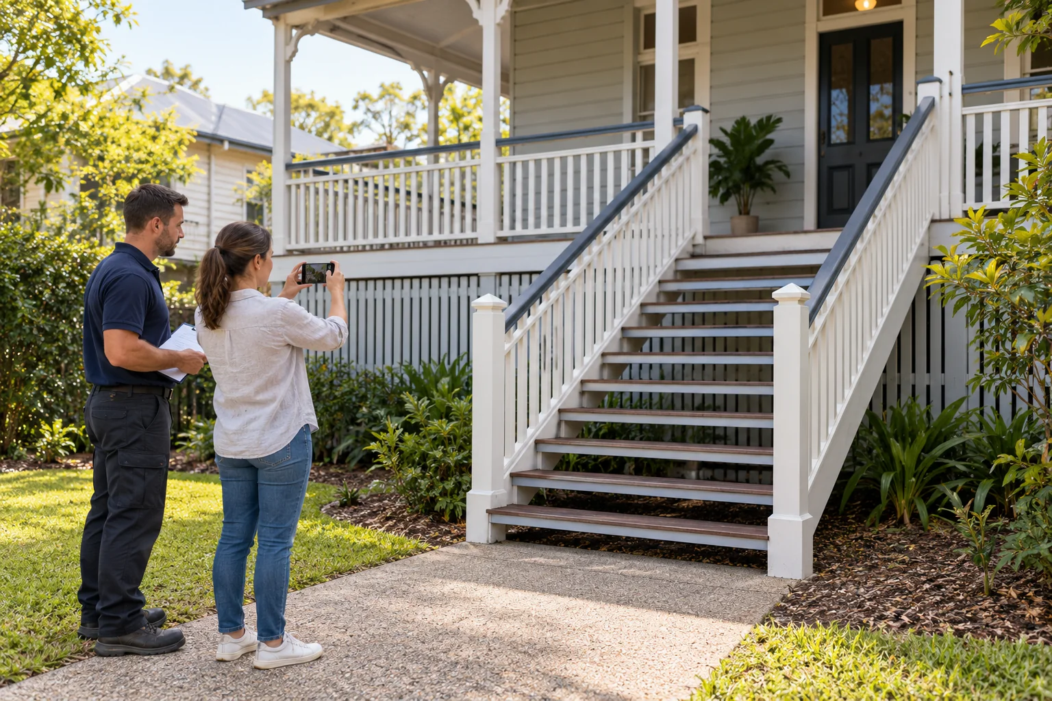 Homeowner photographing a Queenslander external staircase and upper landing while a removalist reviews the access from level ground
