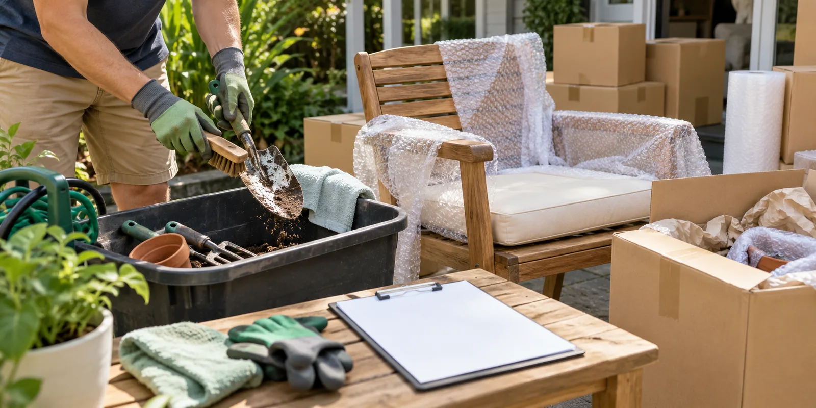 Illustrative cleaning and inventory preparation for garden equipment and outdoor furniture