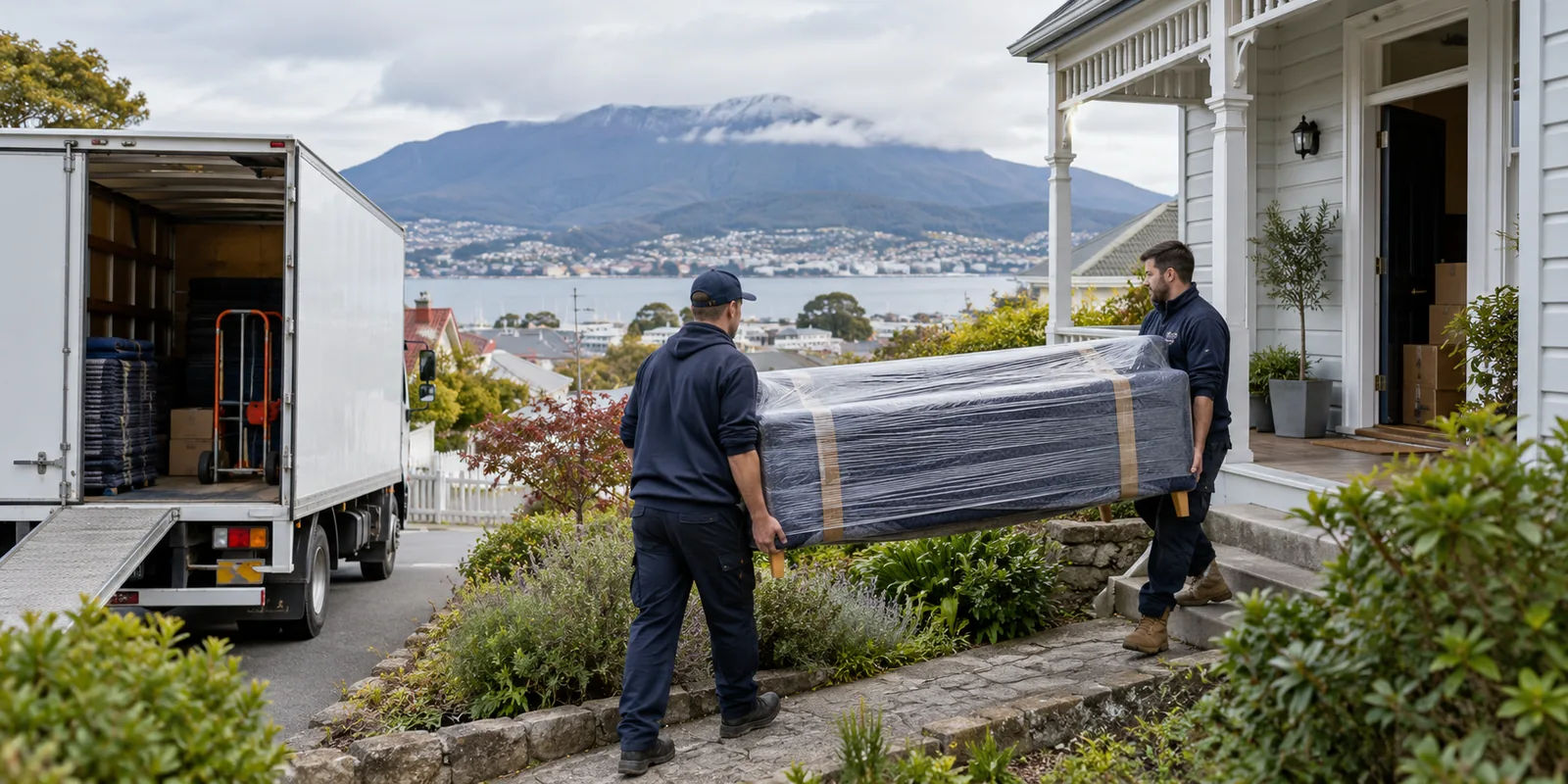 Illustrative furniture delivery at a Hobart home with kunanyi in the background