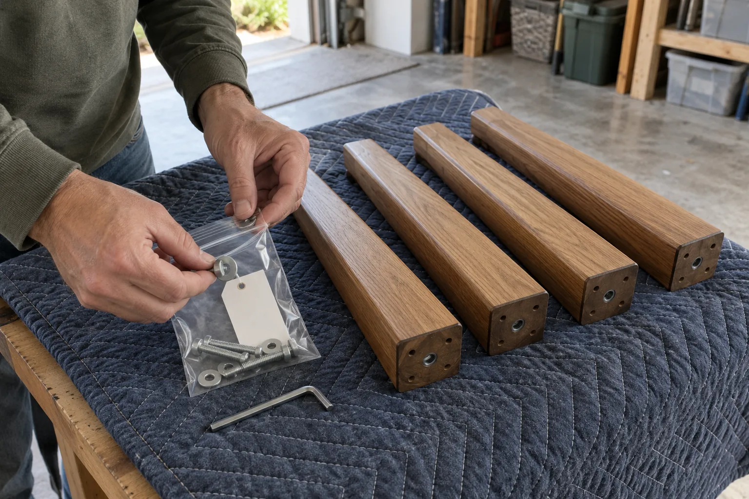 Hands sorting bolts into a bag beside detached timber table legs