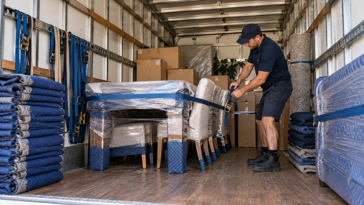 Illustrative wrapped household furniture secured inside a removal truck