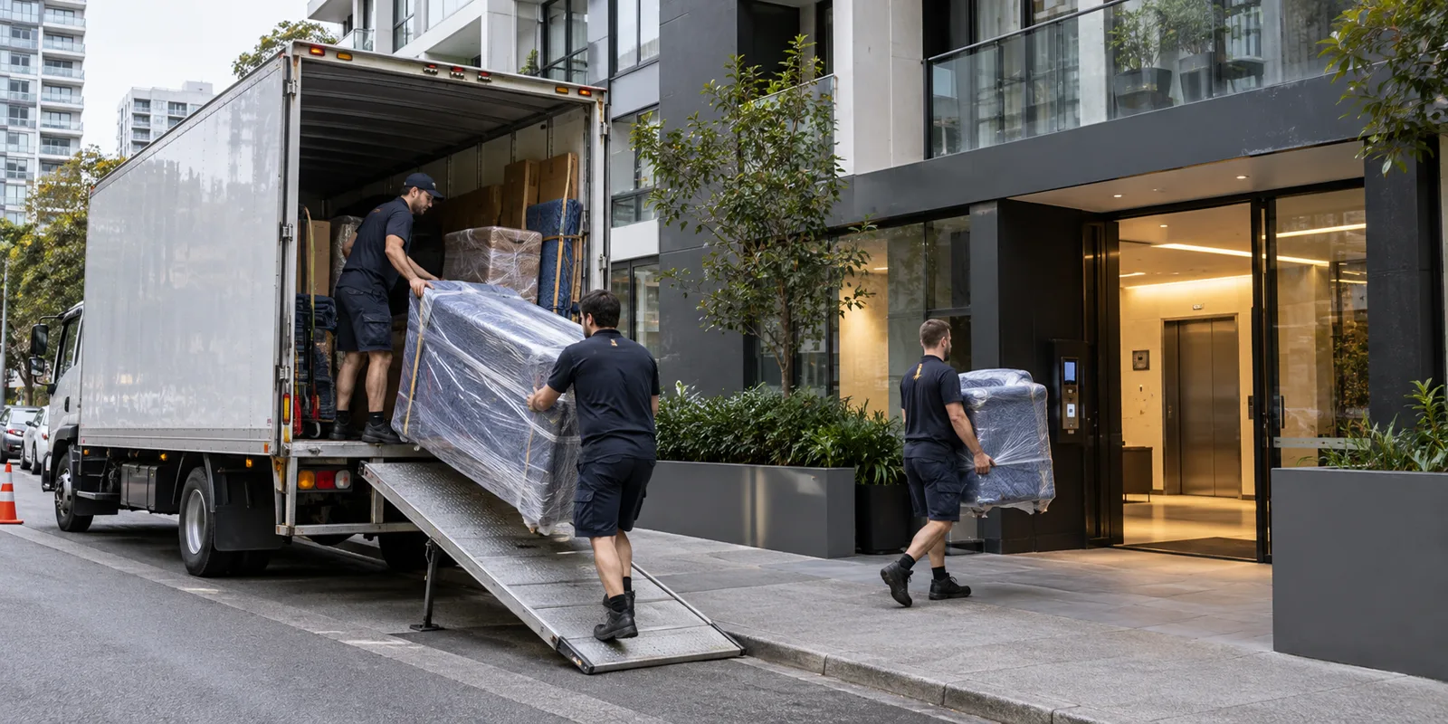 Illustrative furniture removal truck outside a Melbourne apartment building