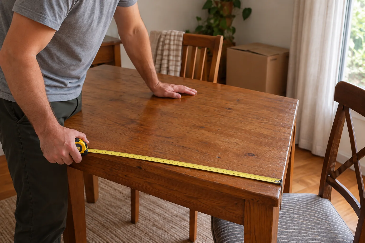 Householder measuring a timber dining table