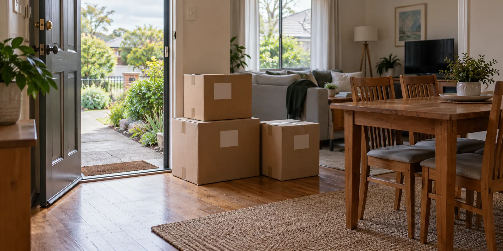 Illustration of closed moving cartons and dining furniture in a receiving room