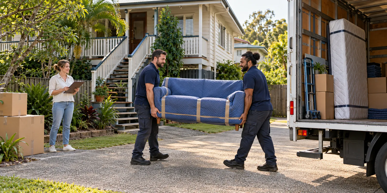 Illustration of removal workers carrying a protected sofa towards a furniture truck outside a raised Queensland home