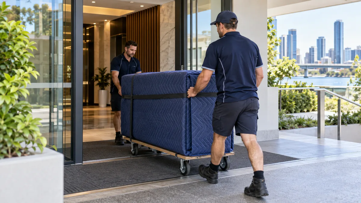 Movers guiding a protected furniture item through an apartment entrance on a trolley