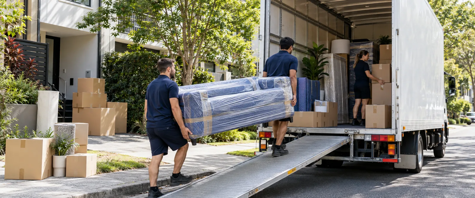Illustration of a removals team loading household furniture into a truck at a Brisbane-style residence