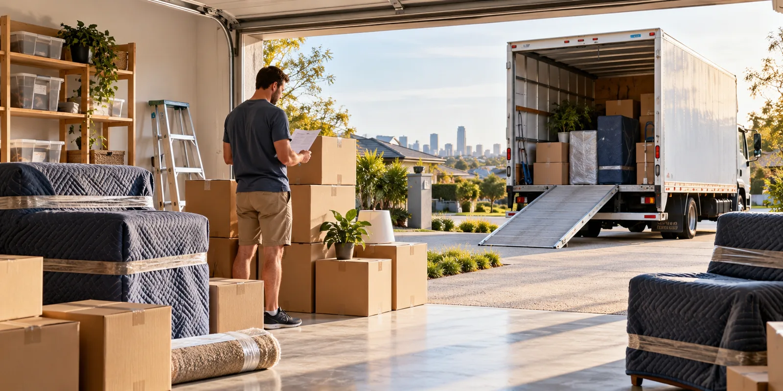 Illustrative household furniture being loaded into a removal truck for a long-distance move