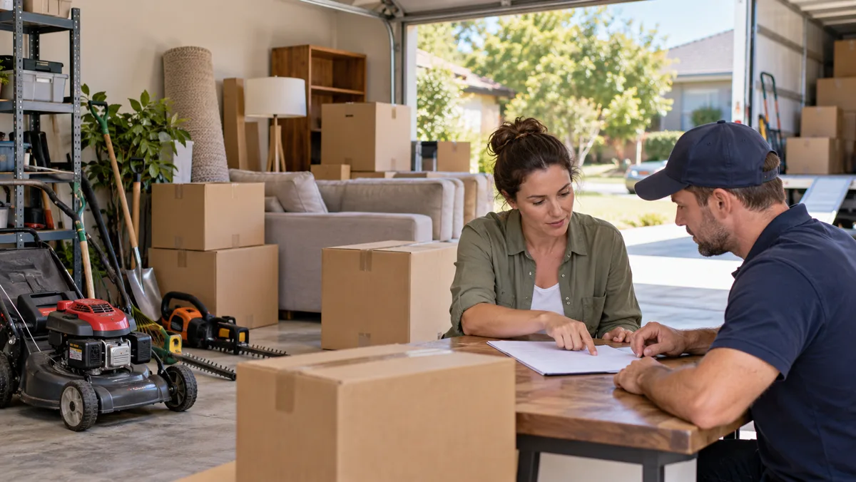 Illustrative household owner and moving worker checking a list of outdoor goods before packing