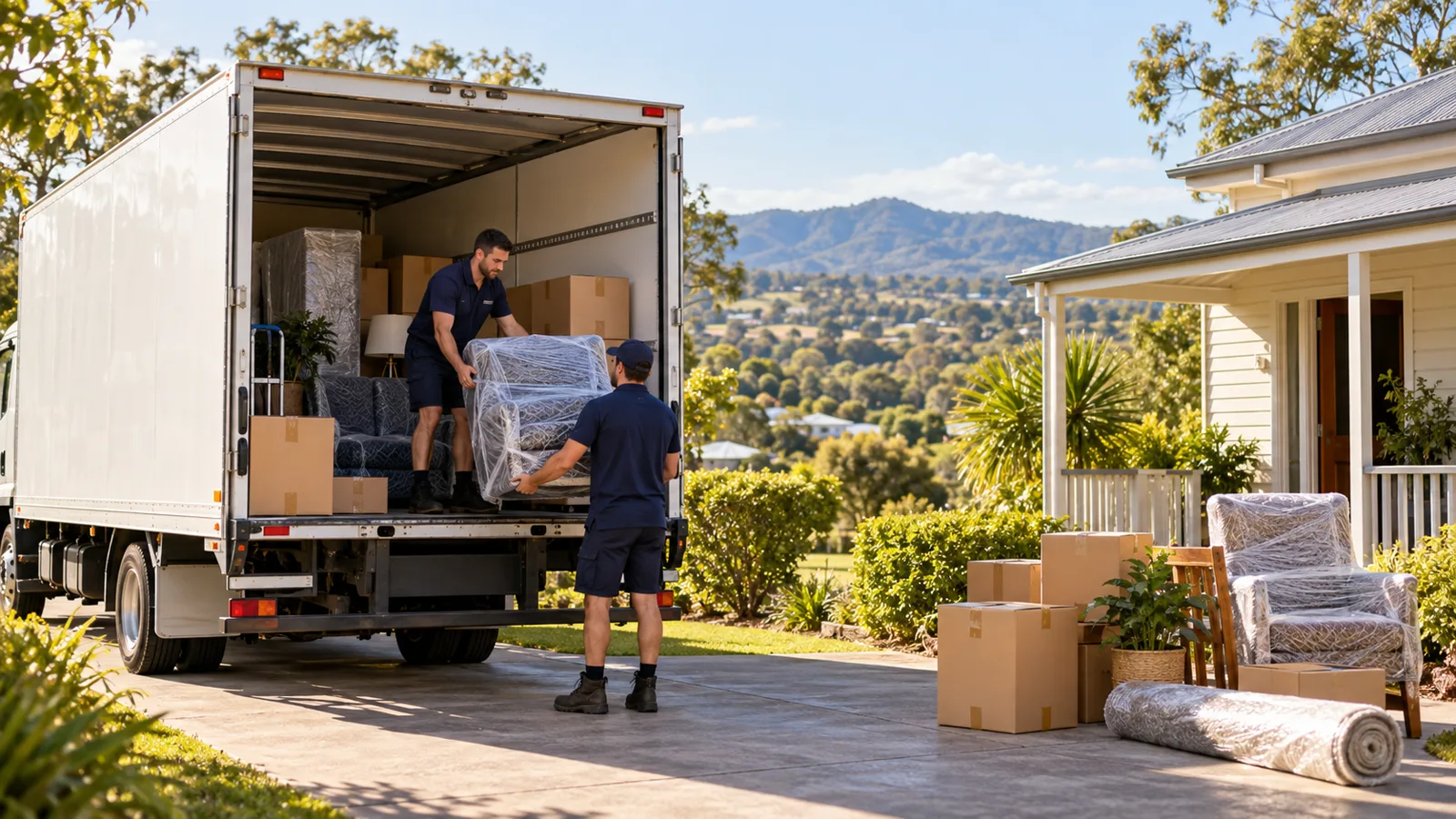 Illustration of movers loading wrapped furniture at a regional Queensland-style home