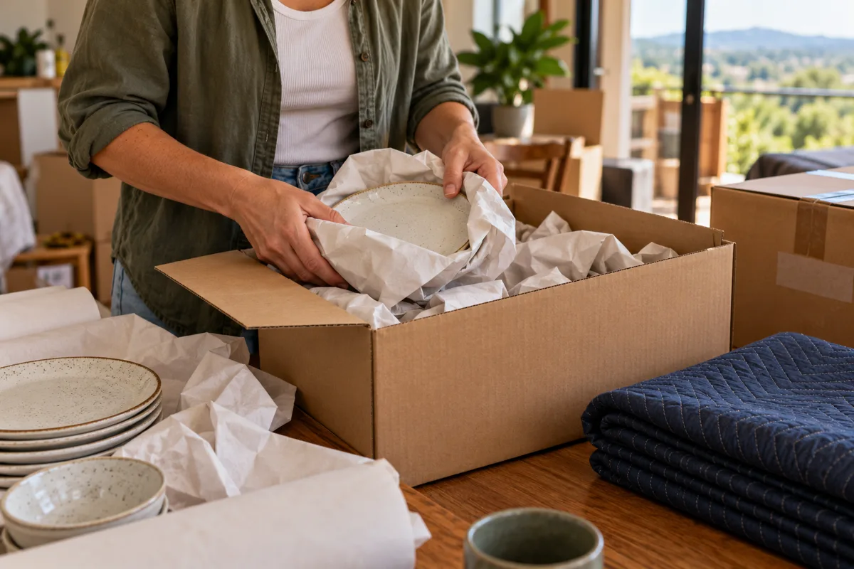 Household crockery being wrapped in paper and placed in a moving carton