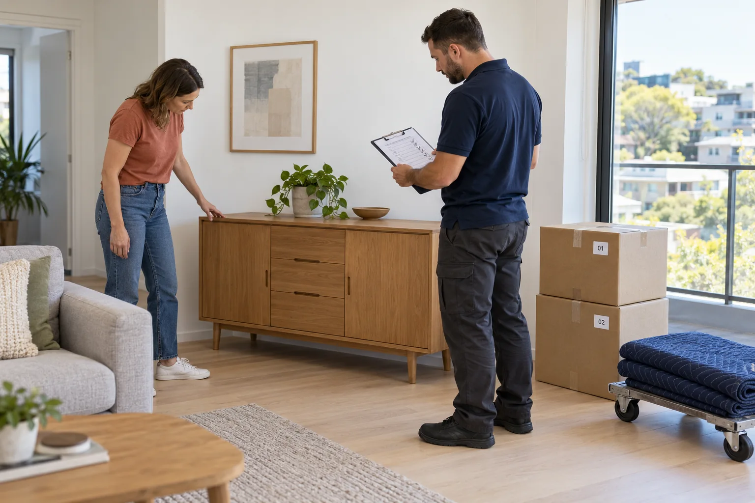 Customer and removalist checking furniture and cartons during a delivery handover