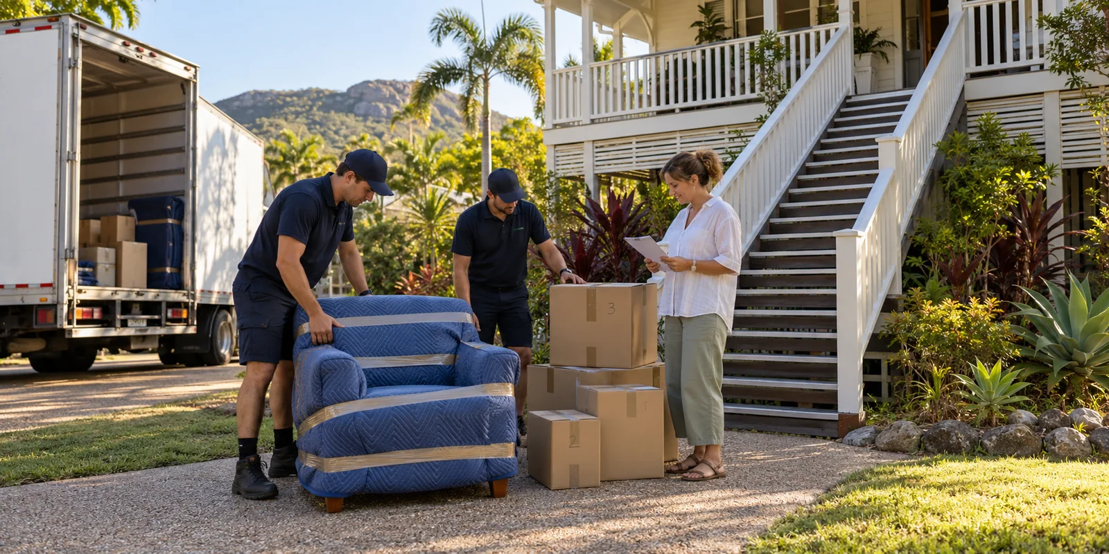 Illustrative Townsville high-set home delivery with crew and resident checking furniture and cartons