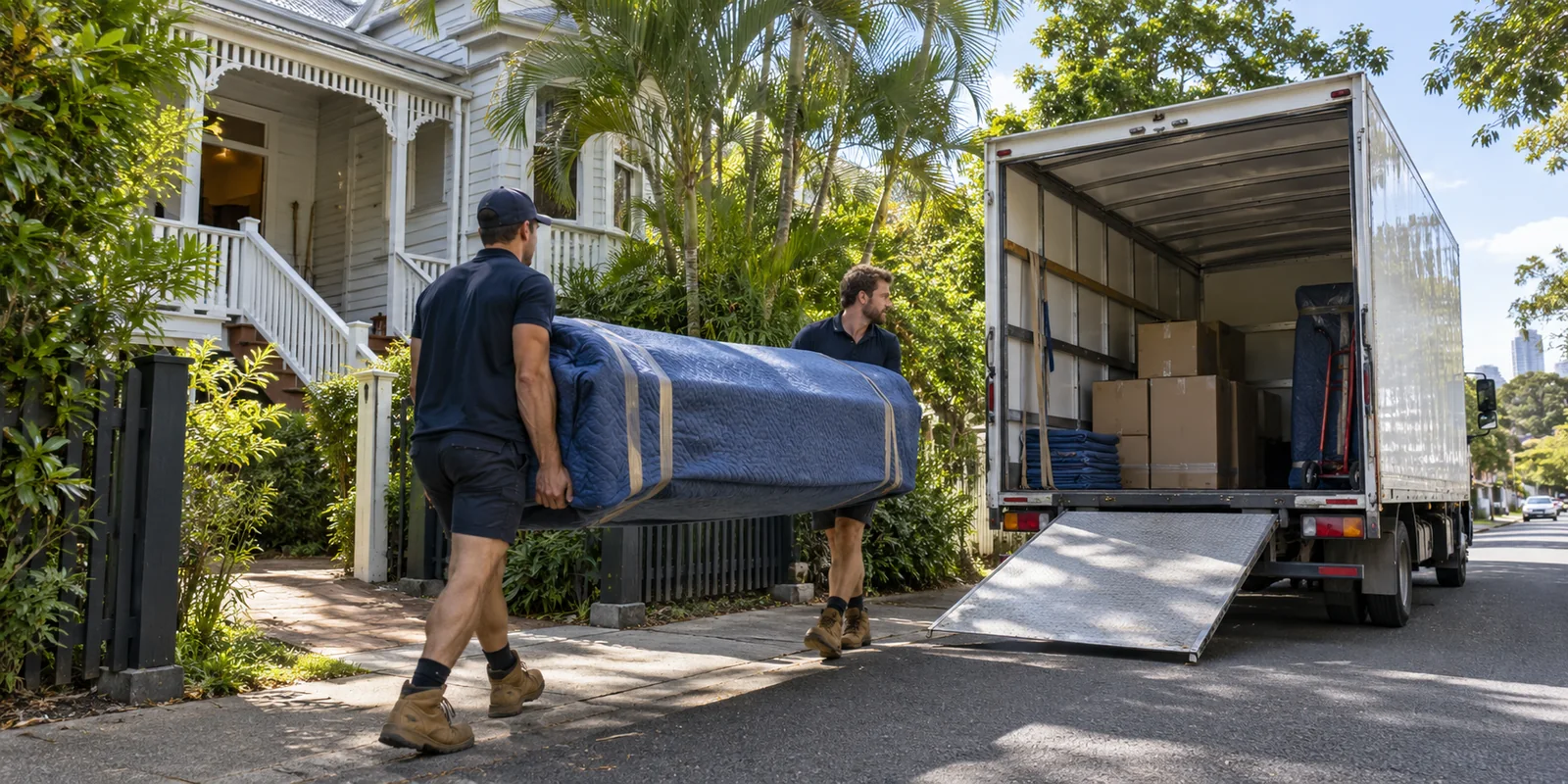 Illustrative Brisbane household removal crew carrying wrapped furniture towards a moving truck