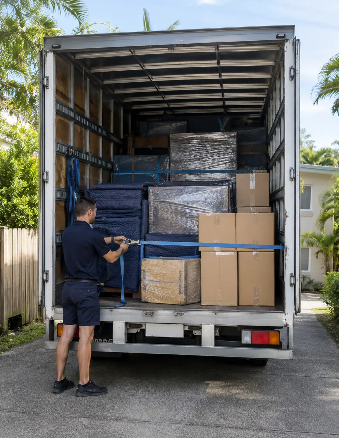 Wrapped furniture and household cartons organised for backloading transport to Cairns