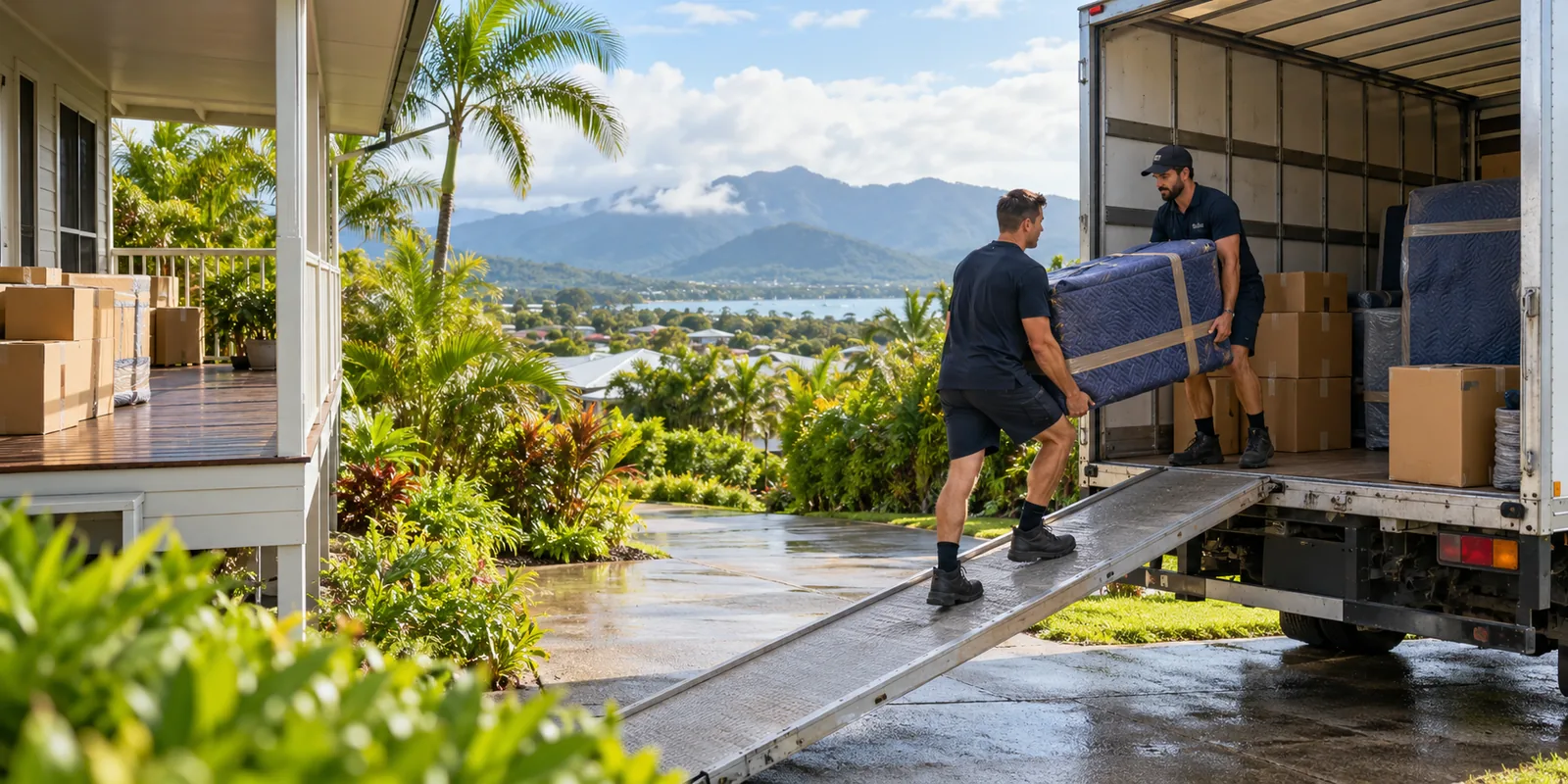 Illustrative crew carrying protected household furniture from a Cairns home to a removal truck