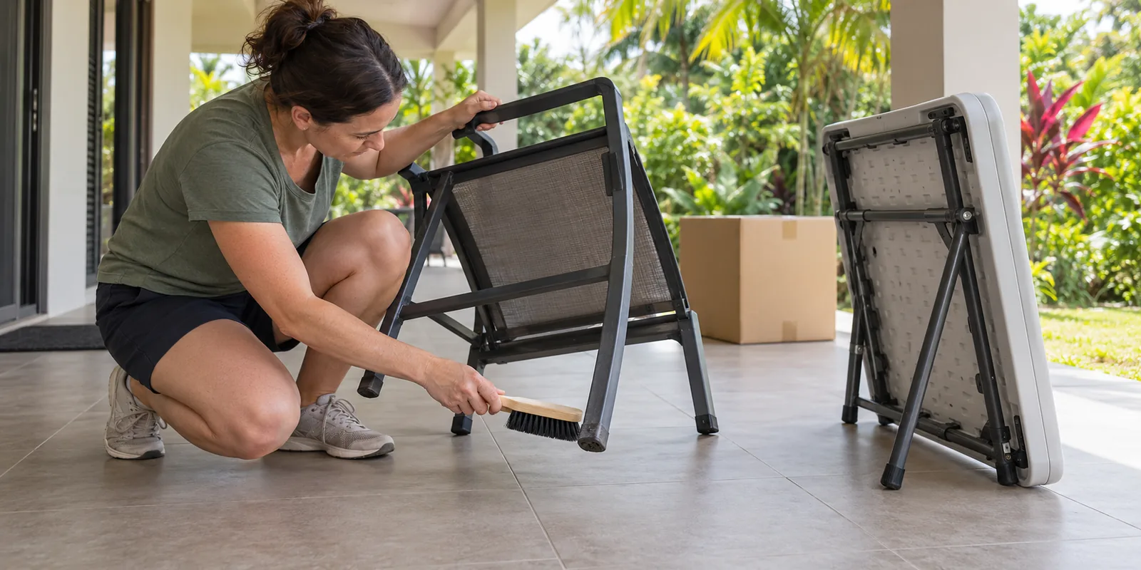 Illustrative person checking and brushing an outdoor chair and table before a Cairns household move