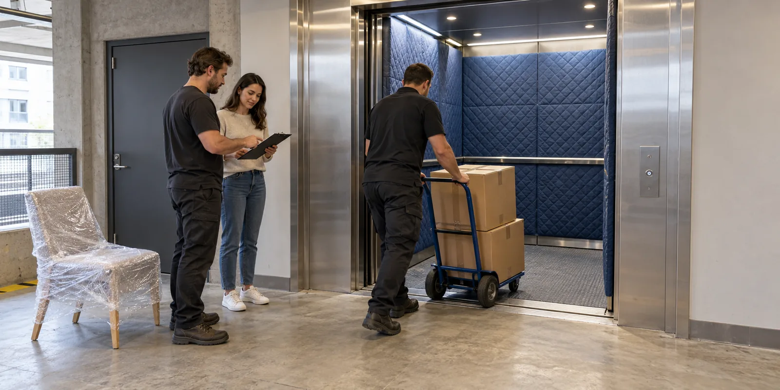 Illustration of protected moving cartons being taken into an apartment service lift during a furniture delivery