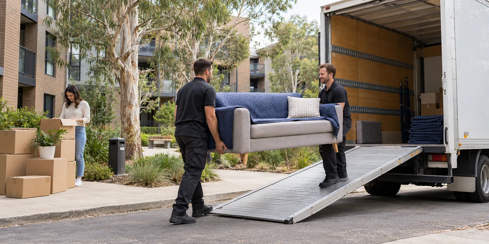 Illustration of two removal workers carrying a protected sofa towards a furniture truck outside a Canberra-style apartment building