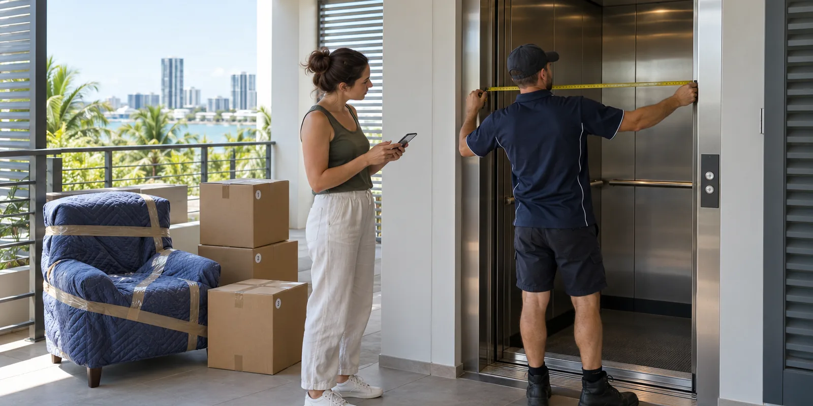 Resident and mover measuring an apartment lift entrance before a Darwin household collection