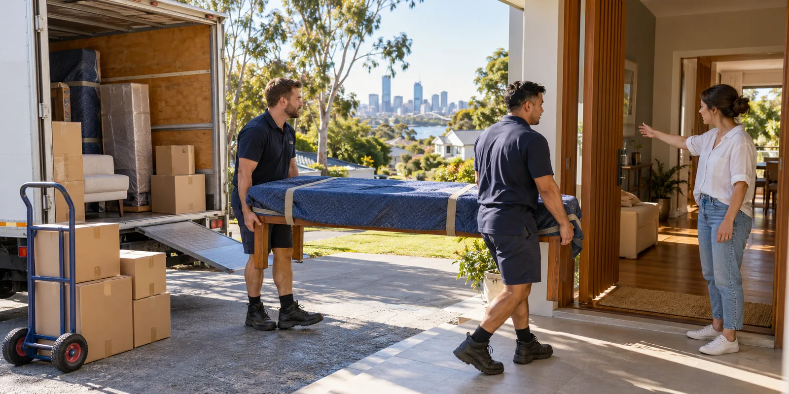 Illustrative removal crew unloading wrapped furniture at a Brisbane home