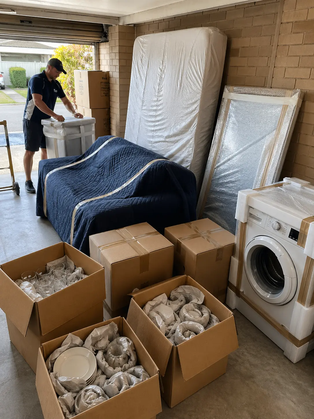 Fragile item packing and wrapped furniture prepared for an interstate move to Darwin