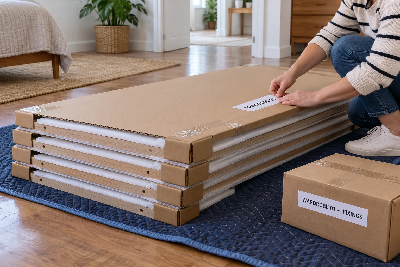 Dismantled wardrobe panels stacked low with protective padding and corner protection beside a matching labelled fittings box