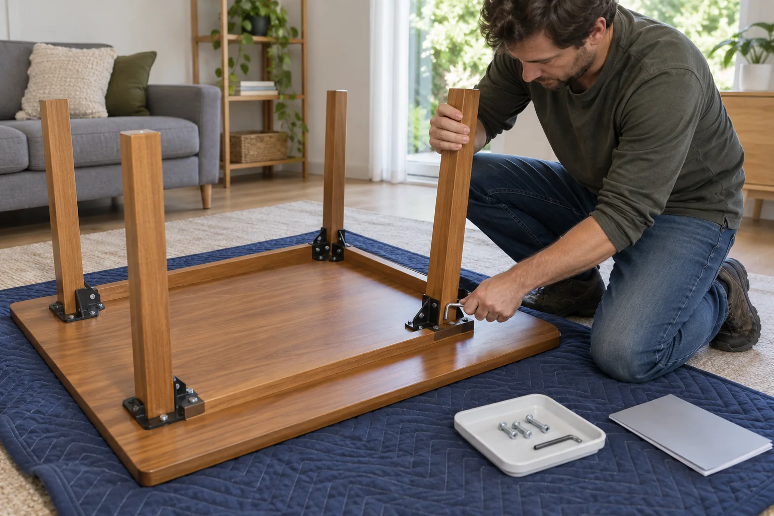 Person loosening a removable table-leg bracket with a hex key while the upside-down tabletop is supported on a padded blanket