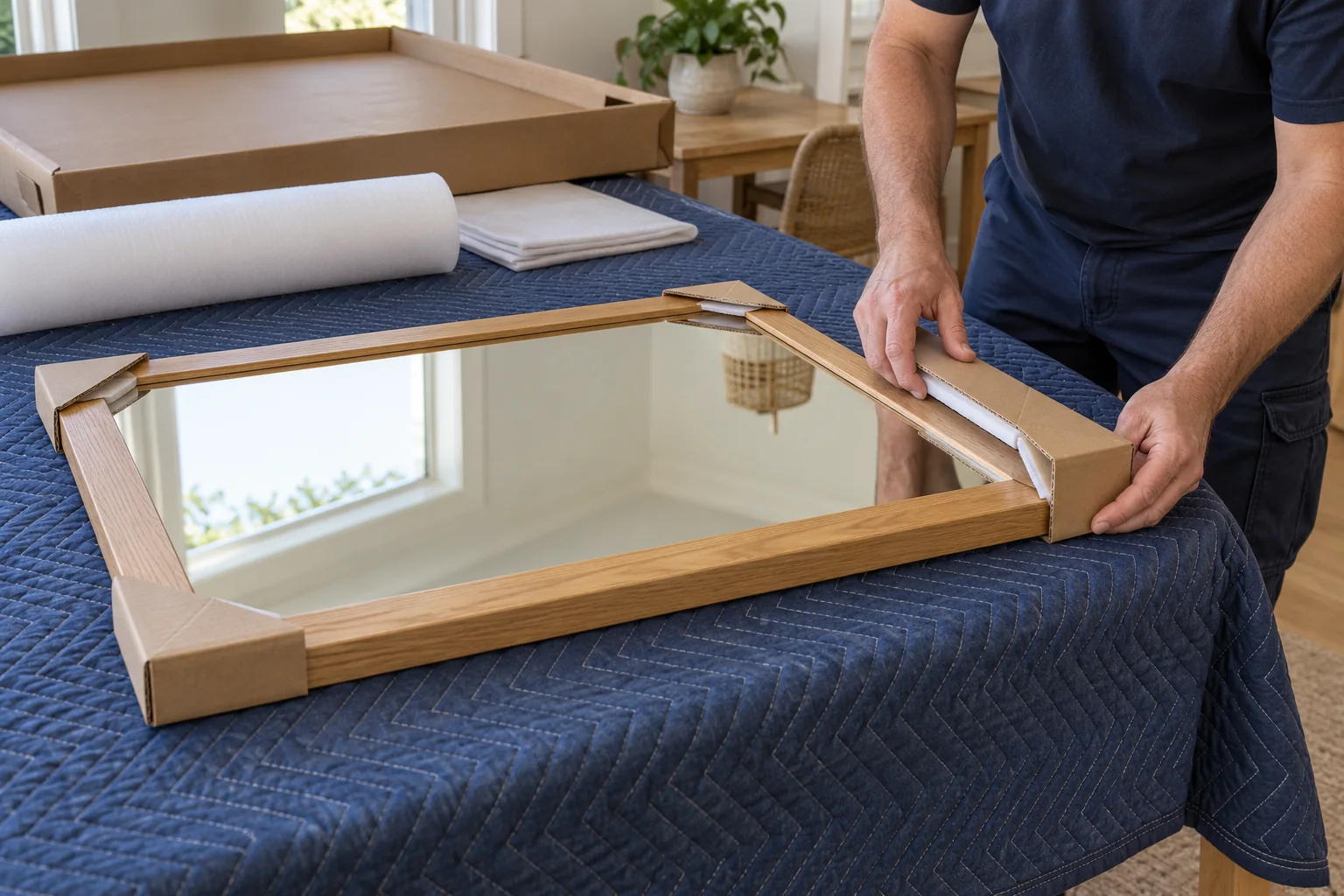 Removalist fitting a padded cardboard corner protector to a framed mirror fully supported on a padded worktable