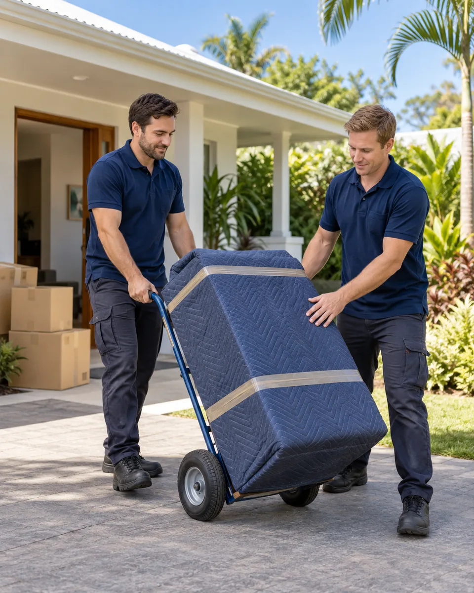 Illustration of movers handling blanket-wrapped furniture on a trolley outside a coastal home