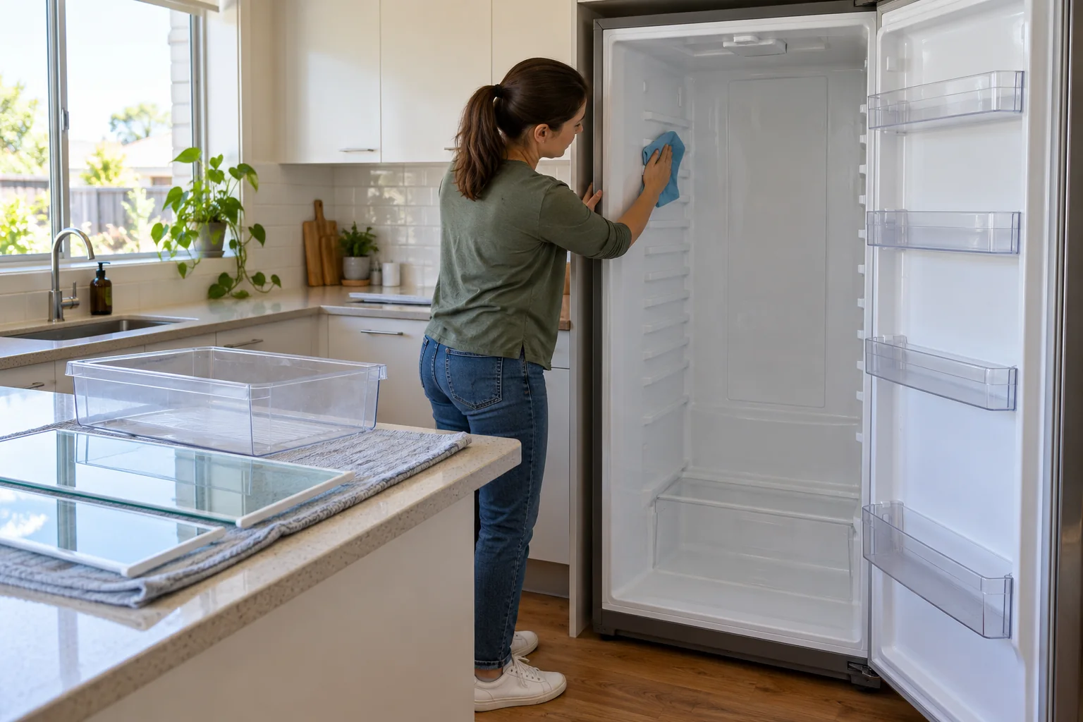 Woman cleaning the interior of an empty upright fridge, with removed shelves and a drawer resting on a towel beside it