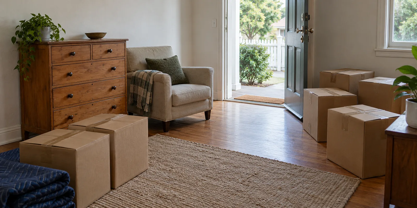 Illustration of an armchair, timber dresser and closed cartons after a household delivery