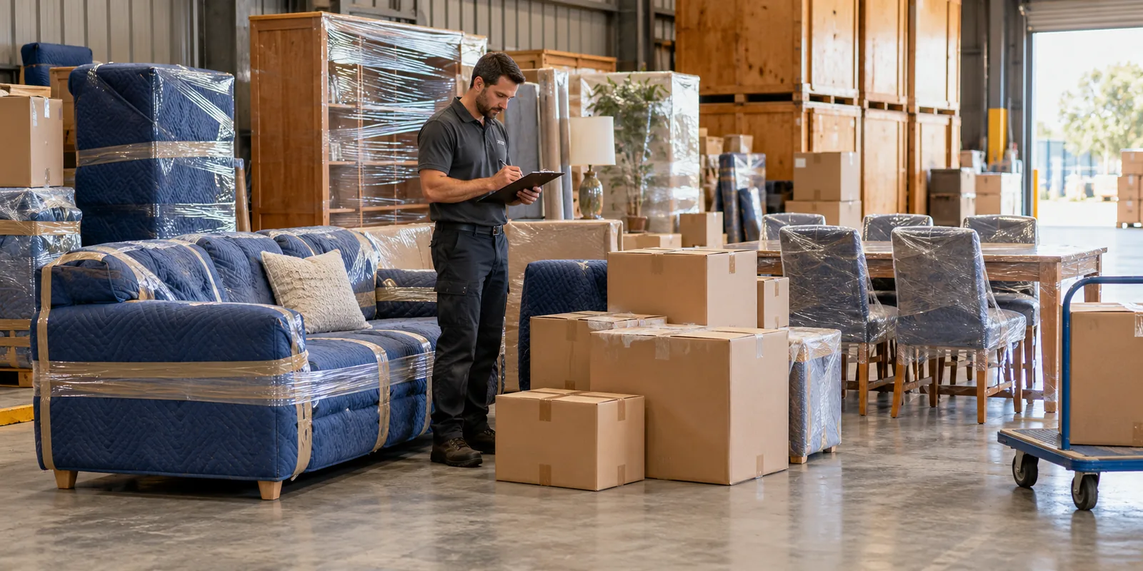 Illustration of protected furniture and moving cartons being checked against an inventory in a warehouse