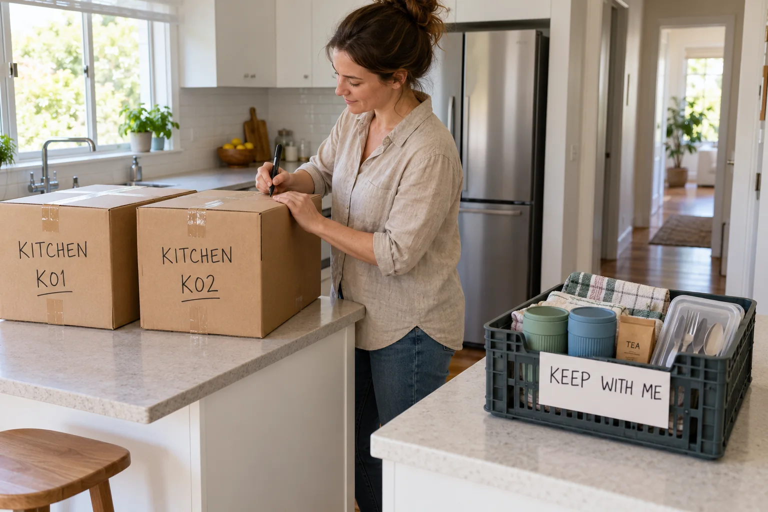 Homeowner labelling kitchen moving cartons with a separate crate of everyday essentials marked Keep With Me