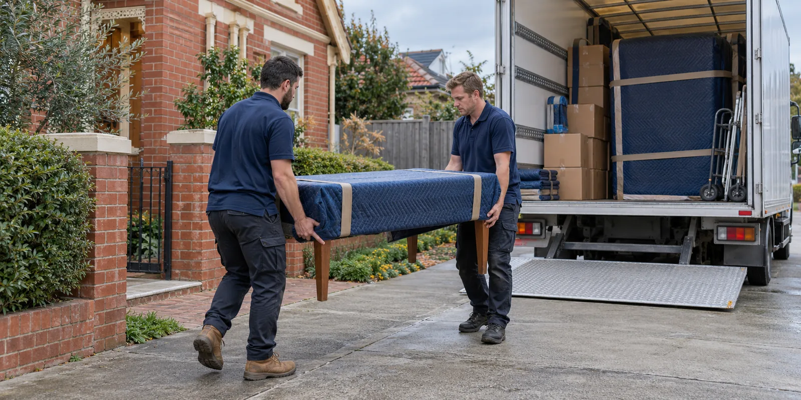 Illustration of removal workers carrying a protected dining table towards a furniture truck outside a Melbourne-style brick home