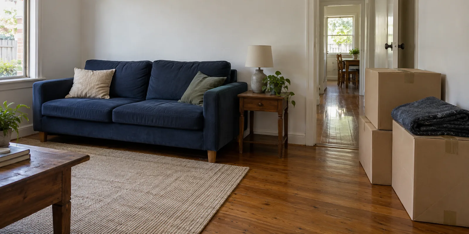 Illustration of a sofa in its receiving room with closed cartons and folded blankets