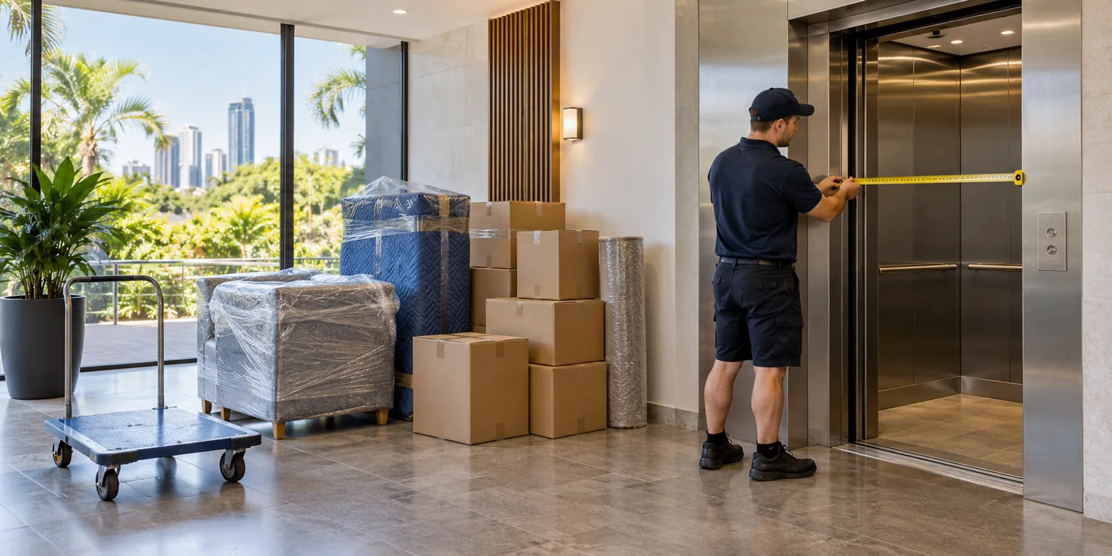 Illustration of checking apartment lift and furniture access before a Melbourne interstate move