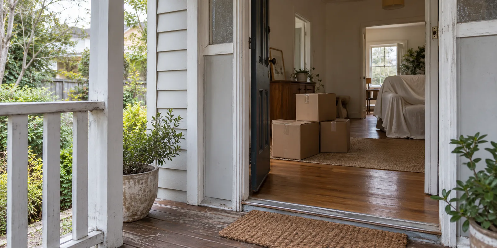 Illustration of cartons and protected furniture inside an ordinary coastal home entrance
