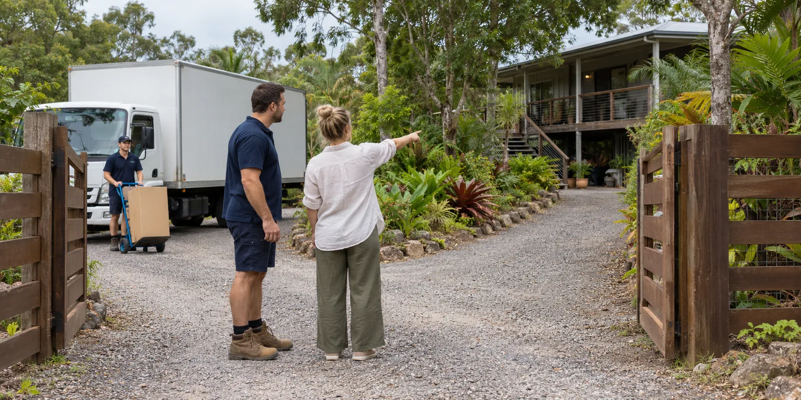 Illustration of a removal worker and resident checking the driveway and entrance path at a Sunshine Coast hinterland-style property