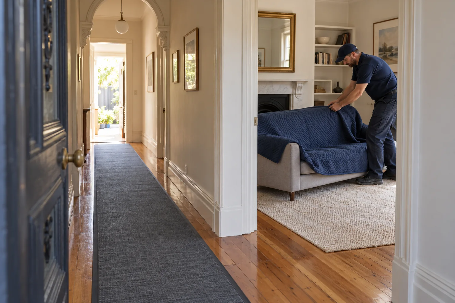 Clear terrace-house hallway with a flat protective floor runner while a worker prepares sofa protection in the adjoining room