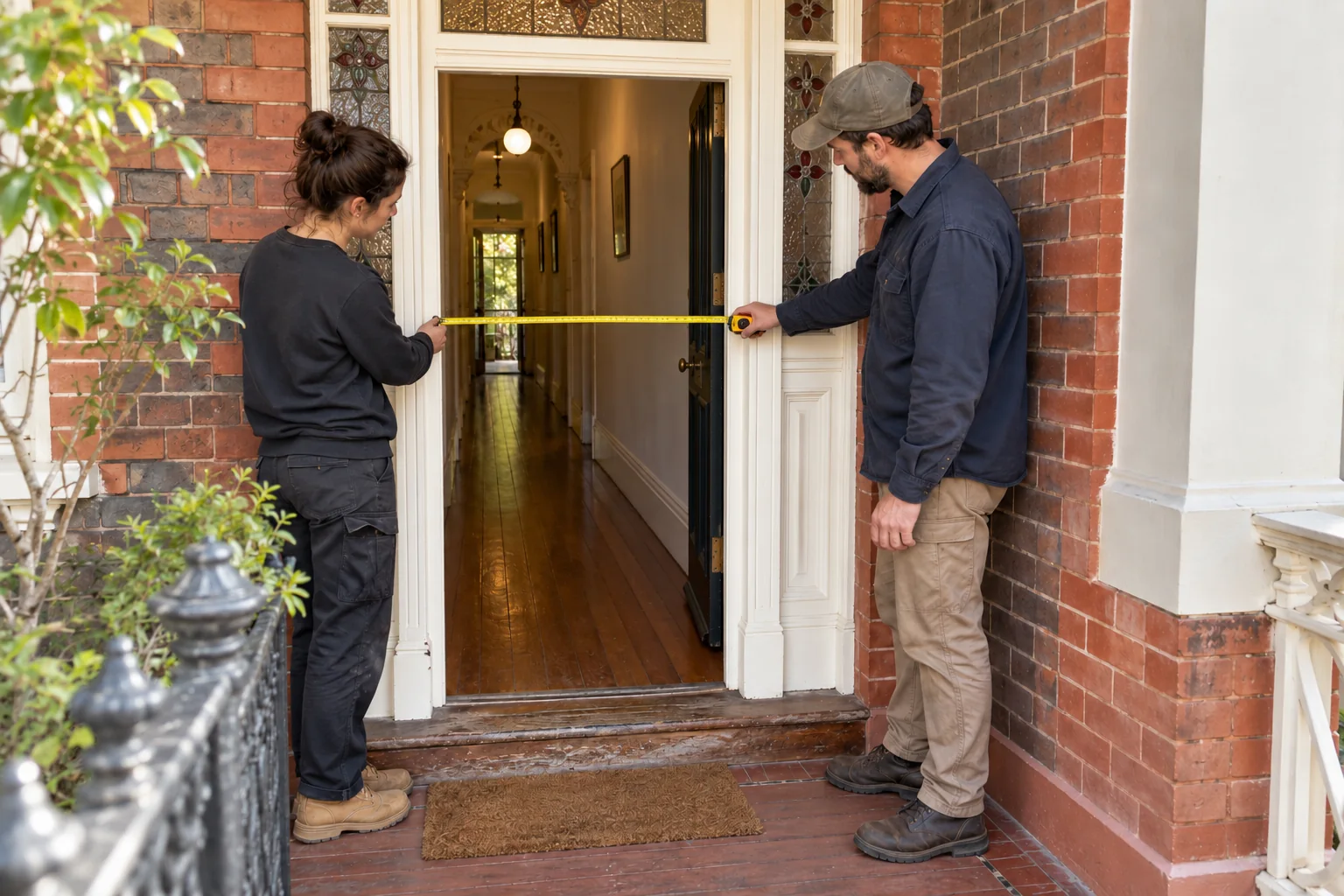Two people measuring the clear opening between the inner door jambs at a Melbourne terrace-house entrance