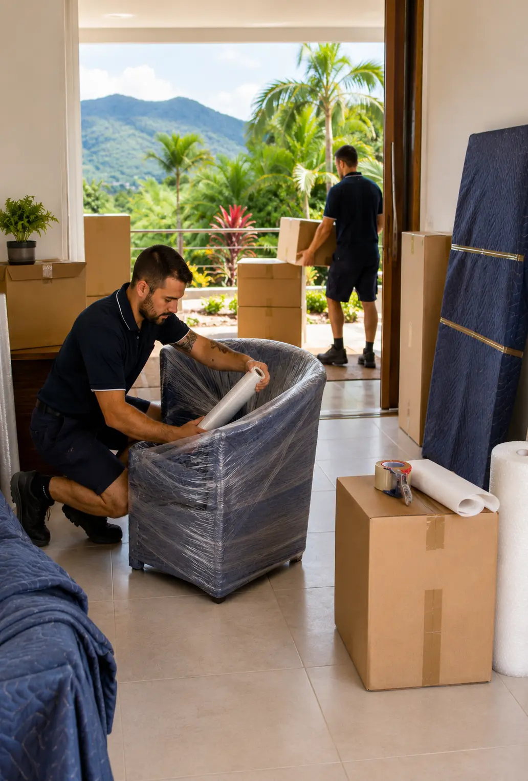 Interstate removalists preparing furniture and cartons for a long-distance move to Cairns